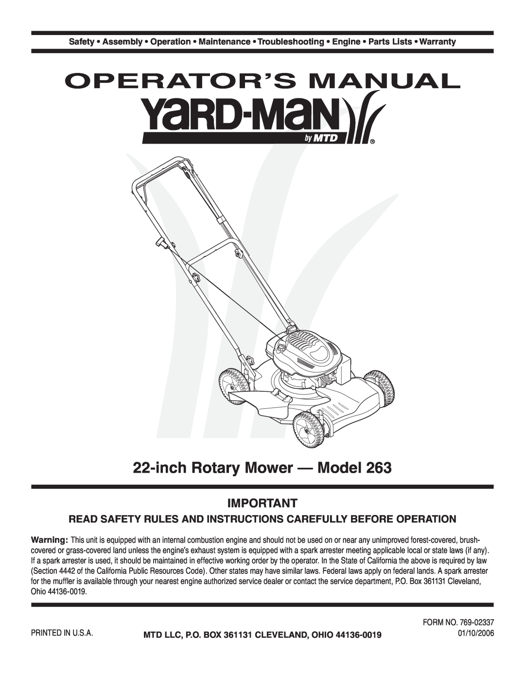 Yard-Man 263 warranty Operator’S Manual, inch Rotary Mower - Model, MTD LLC, P.O. BOX 361131 CLEVELAND, OHIO 