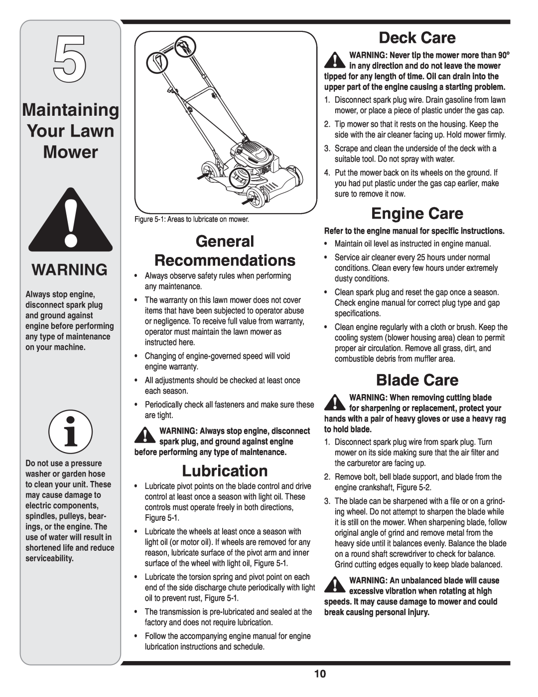 Yard-Man 263 warranty Maintaining Your Lawn Mower, General Recommendations, Lubrication, Deck Care, Engine Care, Blade Care 
