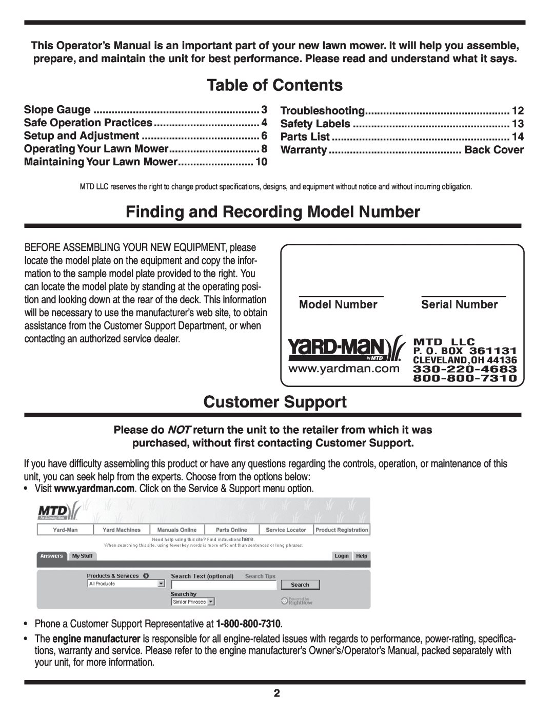 Yard-Man 263 warranty Table of Contents, Finding and Recording Model Number, Customer Support, Serial Number 
