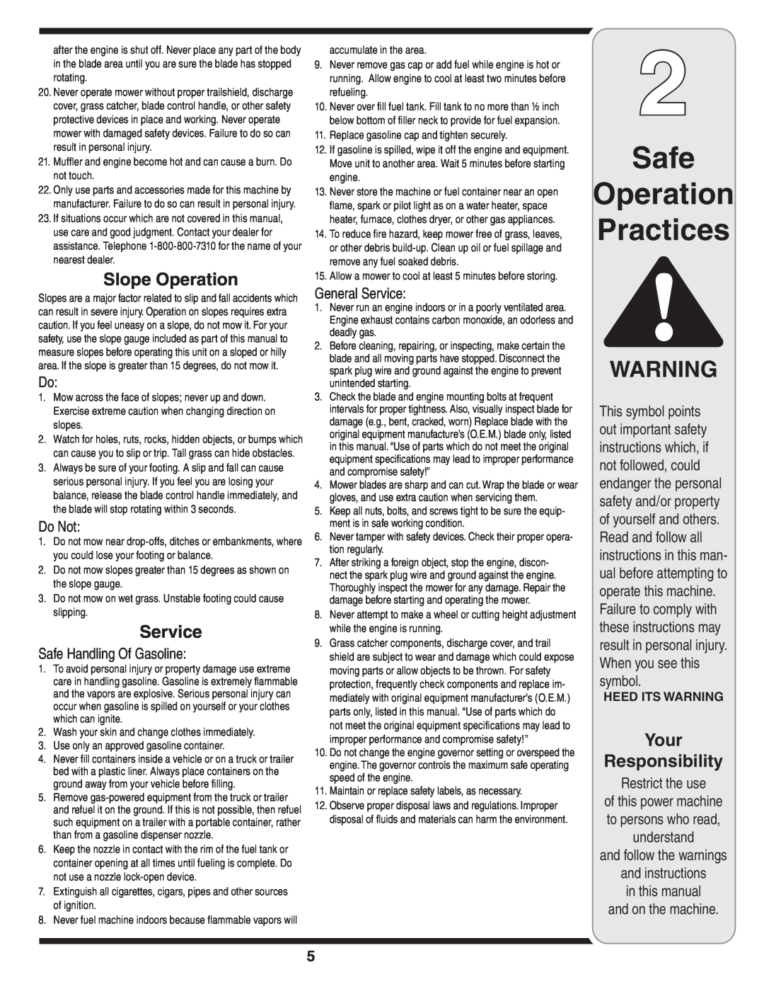 Yard-Man 263 warranty Safe Operation Practices, Slope Operation, Do Not, Safe Handling Of Gasoline, General Service 