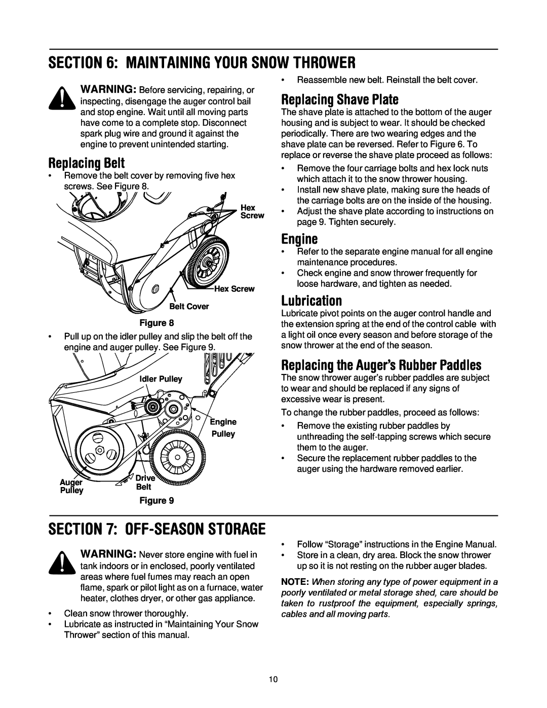 Yard-Man 2B5 & 295 manual Maintaining Your Snow Thrower, Replacing Belt, Replacing Shave Plate, Engine, Lubrication 