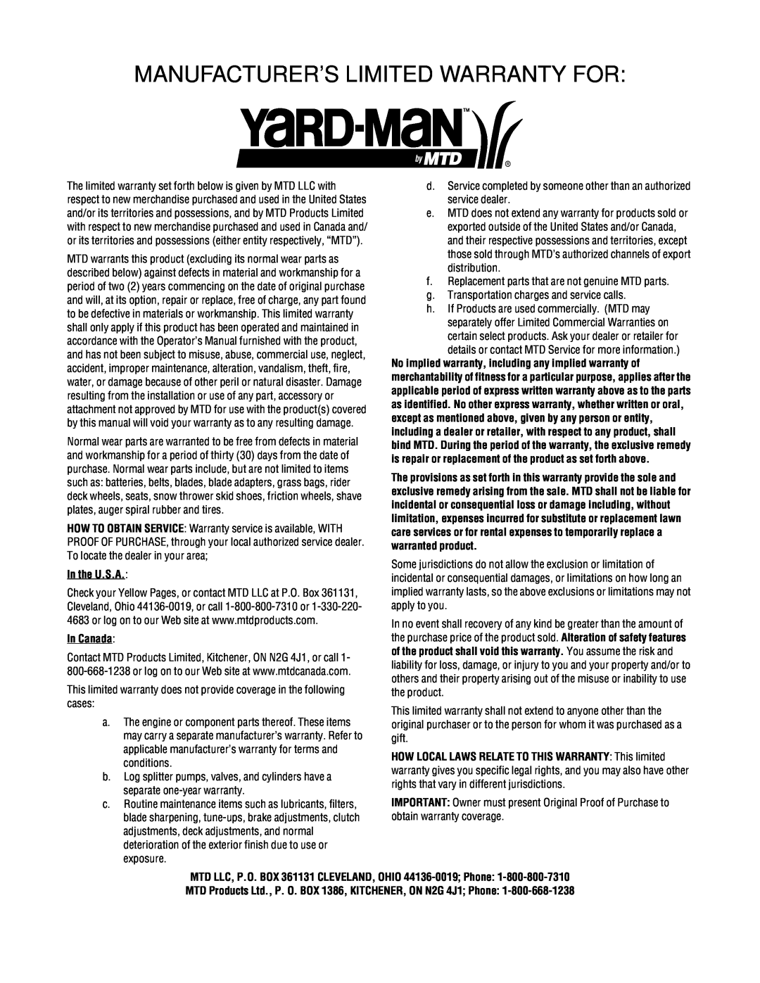 Yard-Man 2B5 & 295 manual Manufacturer’S Limited Warranty For, In the U.S.A, In Canada 
