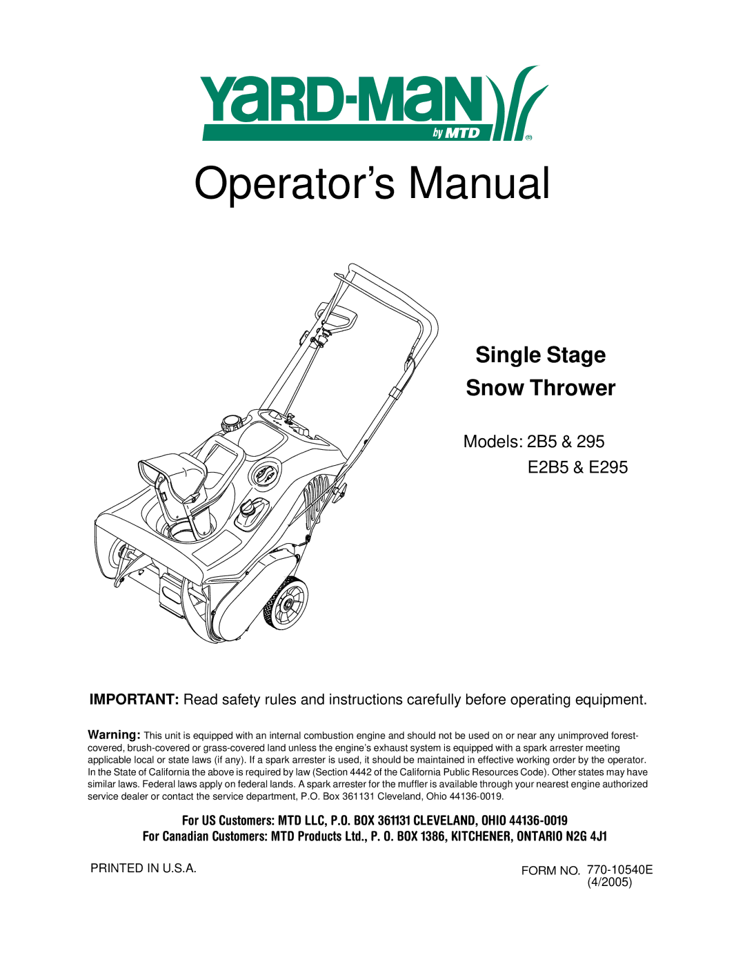 Yard-Man 2B5 & 295 manual Operator’s Manual 