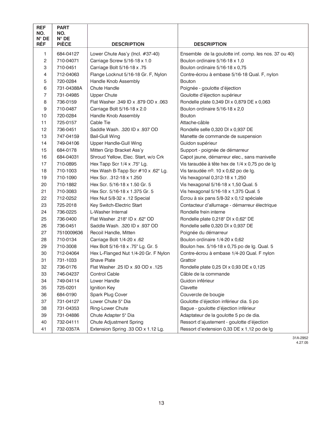 Yard-Man 2B5 & 295 manual Part RÉF Pièce Description 