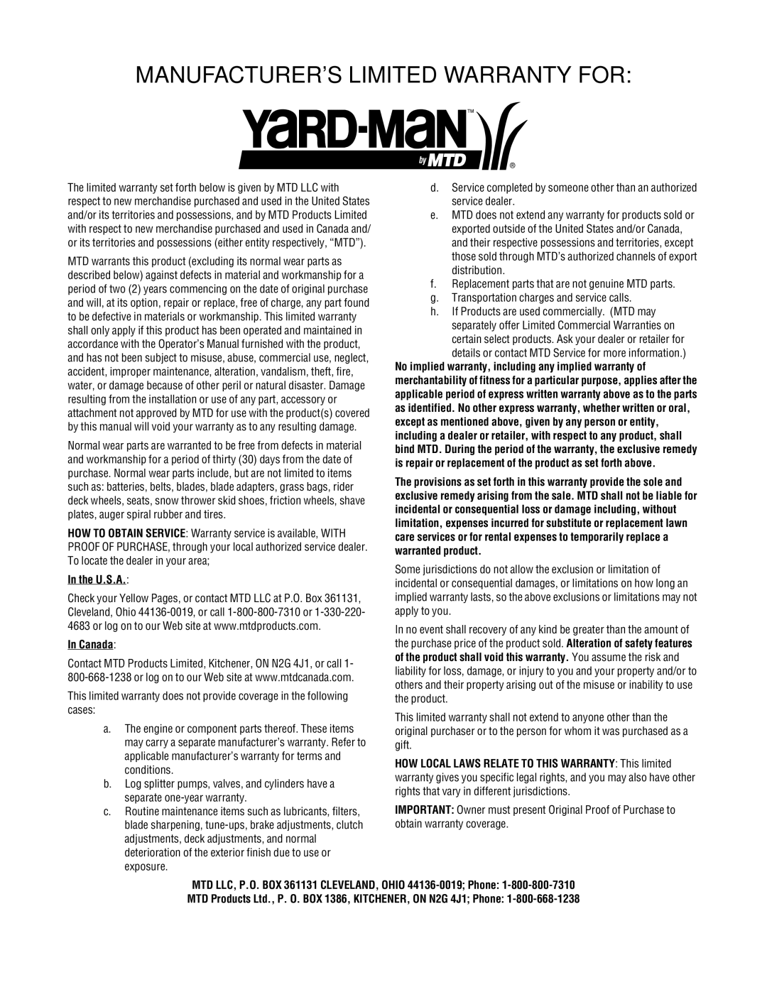 Yard-Man 2B5 & 295 manual MANUFACTURER’S Limited Warranty for 