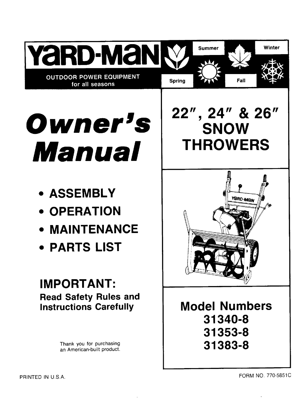 Yard-Man 31380-8, 31353-8, 31383-8, 31340-8 manual 