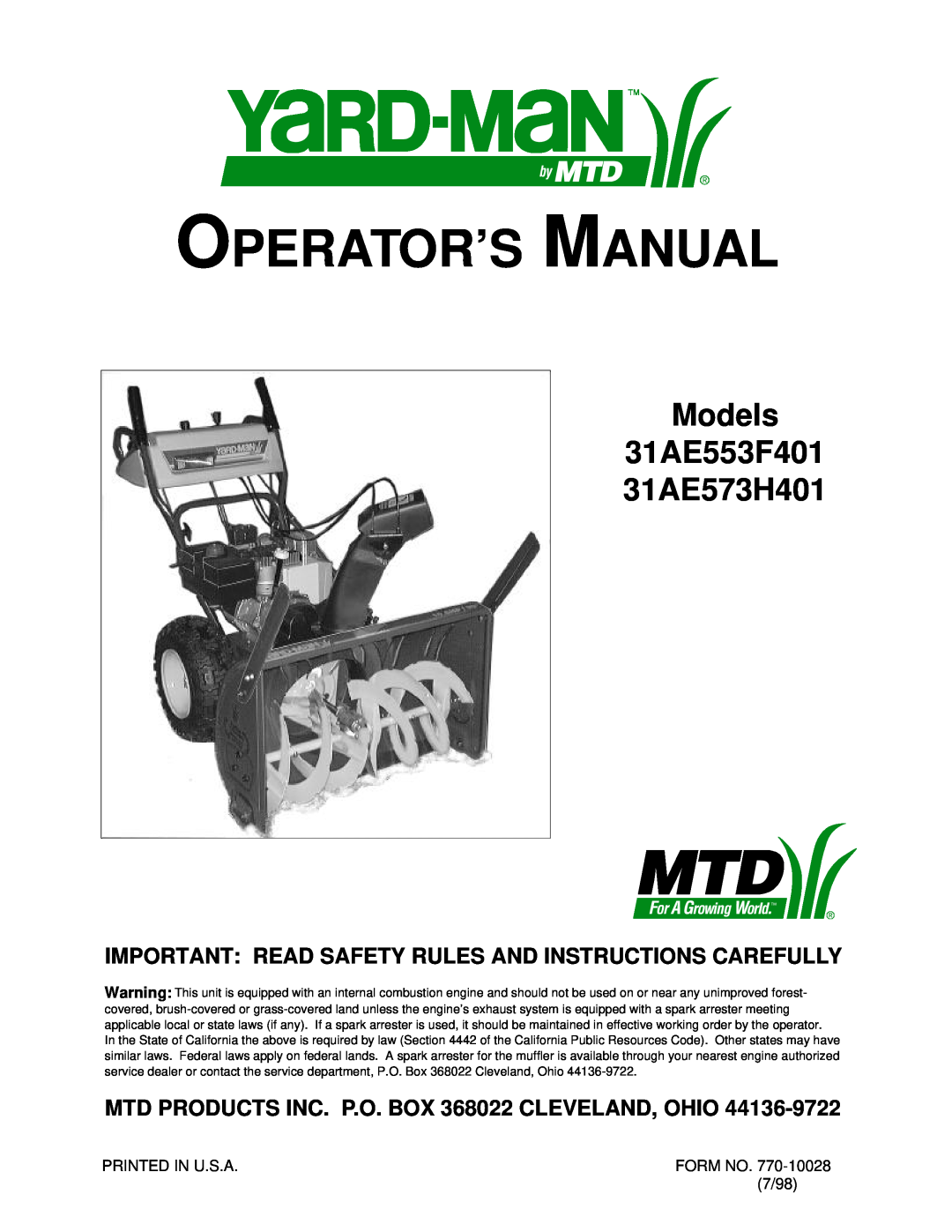 Yard-Man 31AE553F401, 31AE573H401 manual Important Read Safety Rules And Instructions Carefully, Operator’S Manual 