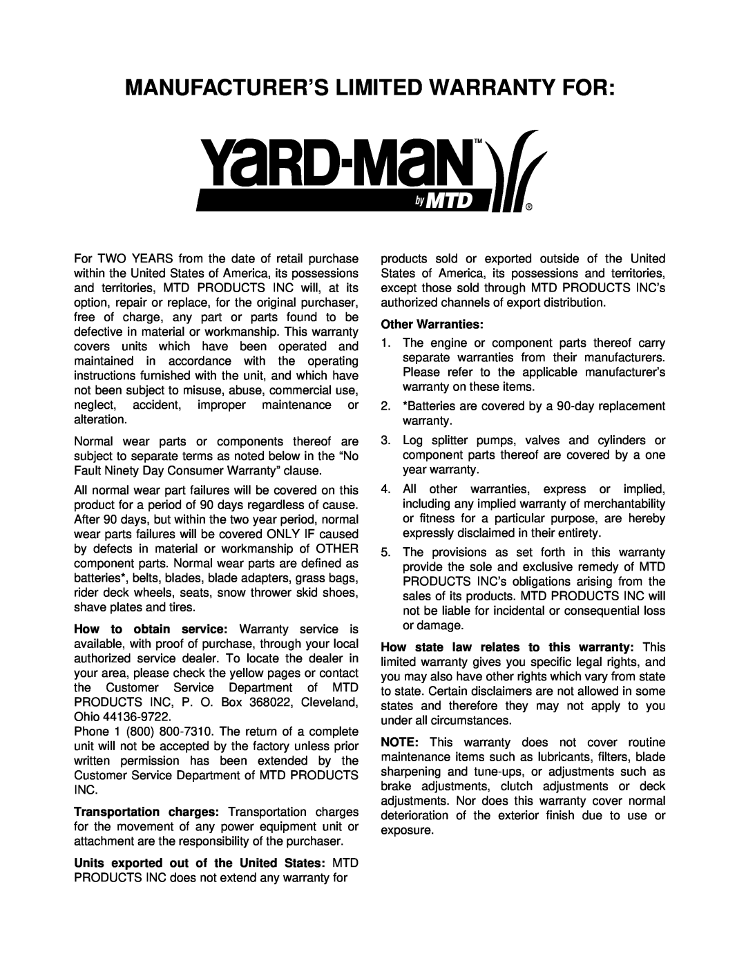Yard-Man 31AE573H401, 31AE553F401 manual Manufacturer’S Limited Warranty For 
