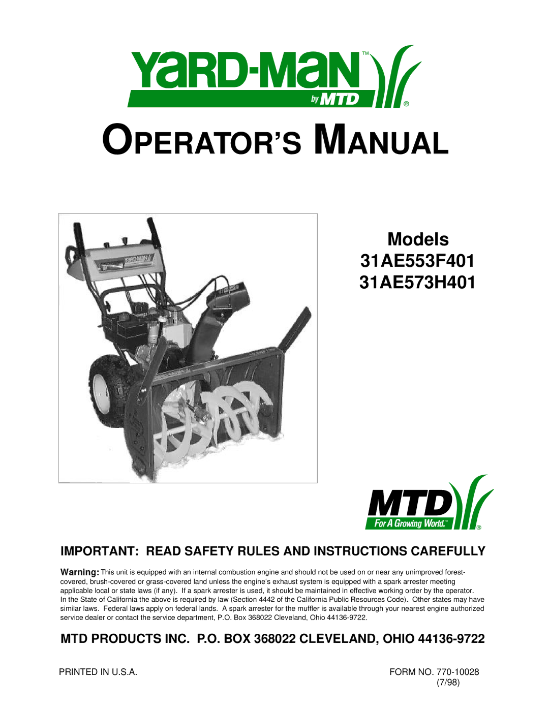 Yard-Man 31AE553F401, 31AE573H401 manual Important Read Safety Rules and Instructions Carefully 