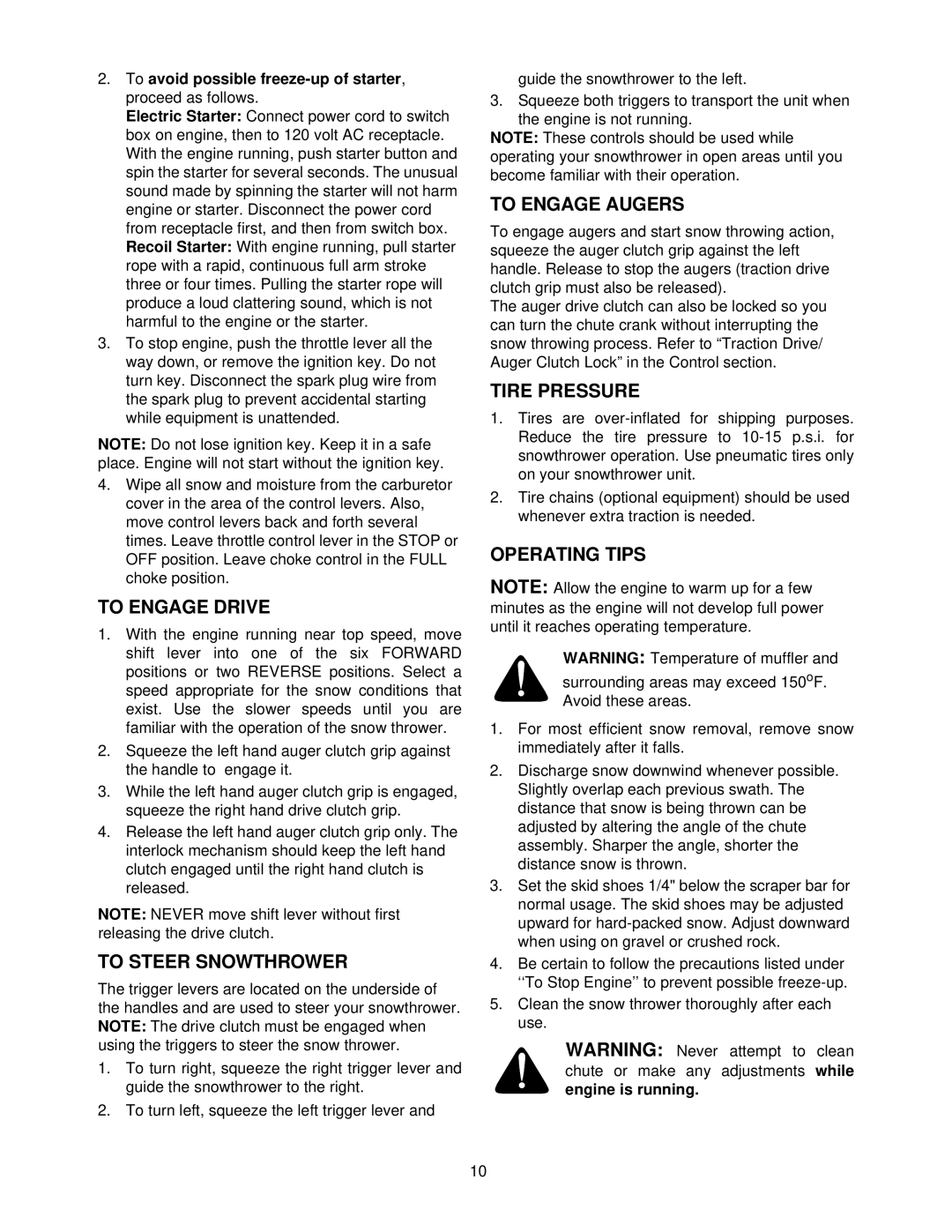 Yard-Man 31AE573H401, 31AE553F401 To Engage Drive, To Steer Snowthrower, To Engage Augers, Tire Pressure, Operating Tips 