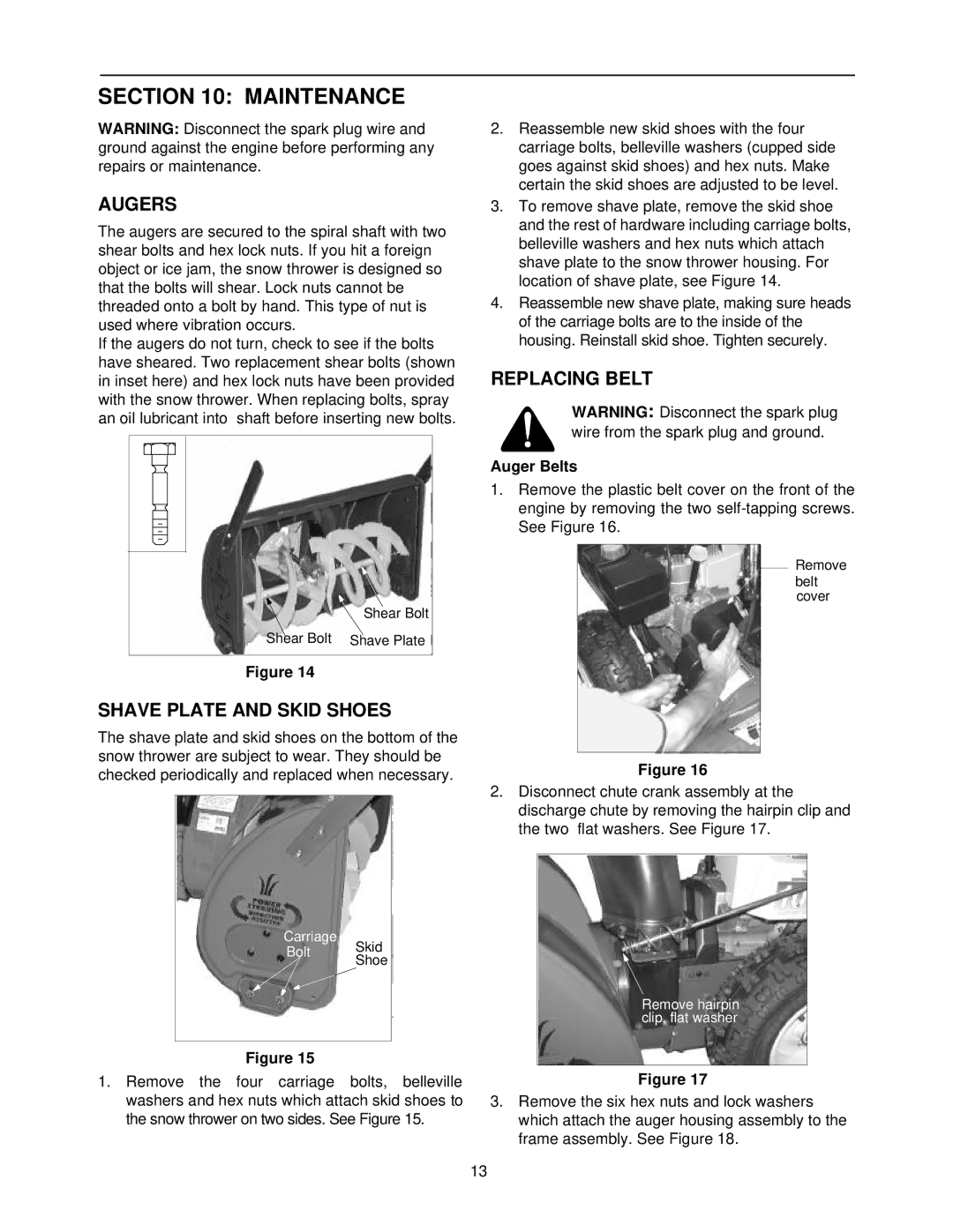 Yard-Man 31AE553F401, 31AE573H401 manual Maintenance, Augers, Shave Plate and Skid Shoes, Replacing Belt, Auger Belts 