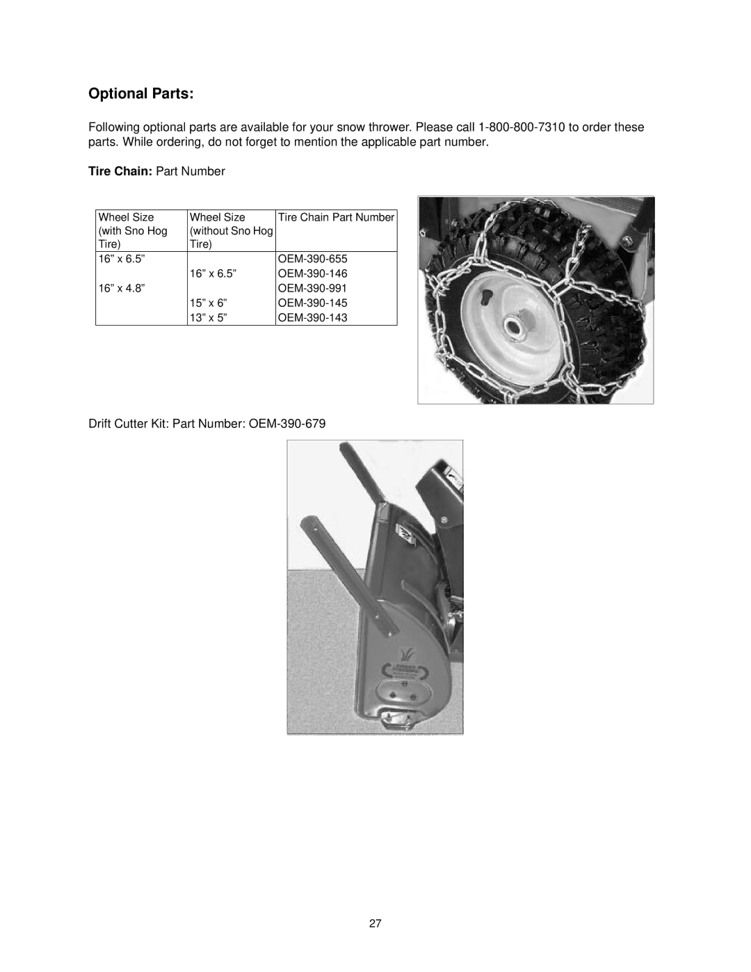 Yard-Man 31AE553F401, 31AE573H401 manual Optional Parts, Tire Chain Part Number 