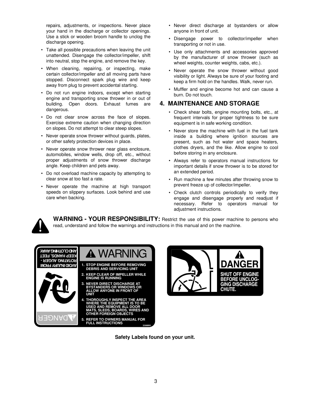 Yard-Man 31AE553F401, 31AE573H401 manual Maintenance and Storage, Safety Labels found on your unit 