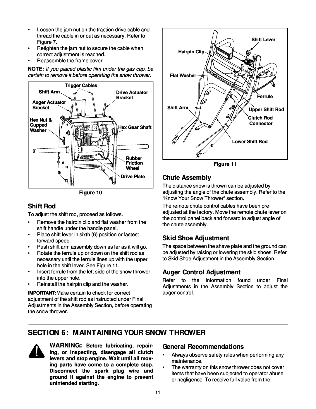 Yard-Man 31AE993J401 manual Maintaining Your Snow Thrower, Shift Rod, Chute Assembly, Skid Shoe Adjustment 