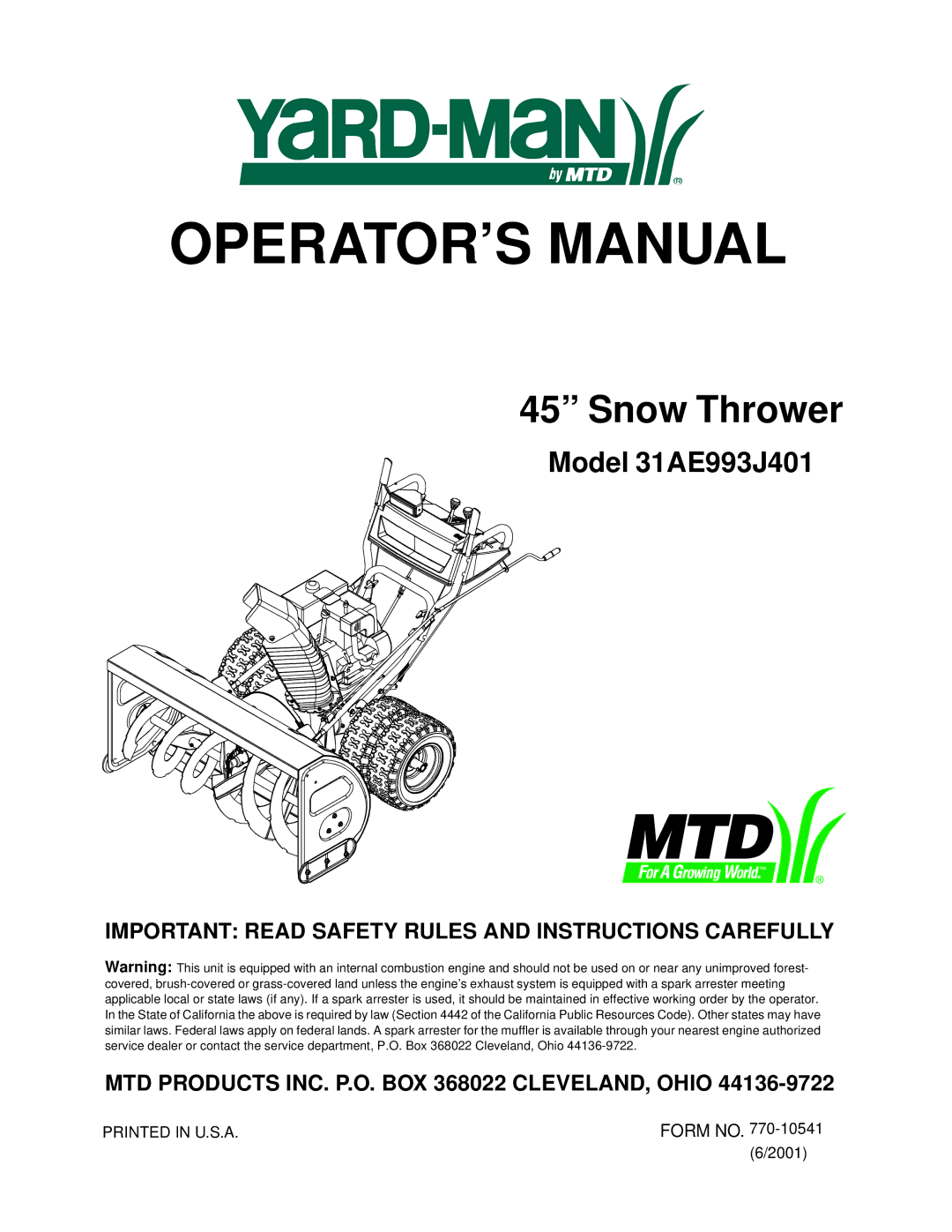 Yard-Man 31AE993J401 manual OPERATOR’S Manual 