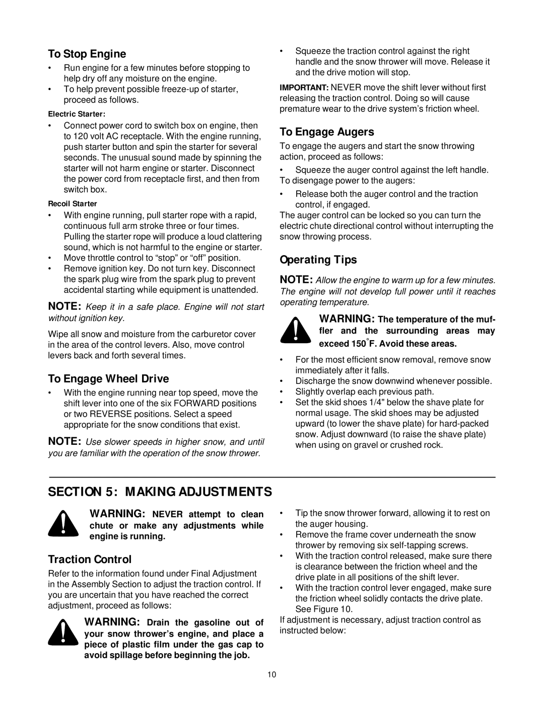 Yard-Man 31AE993J401 manual To Stop Engine, To Engage Wheel Drive, To Engage Augers, Operating Tips, Traction Control 