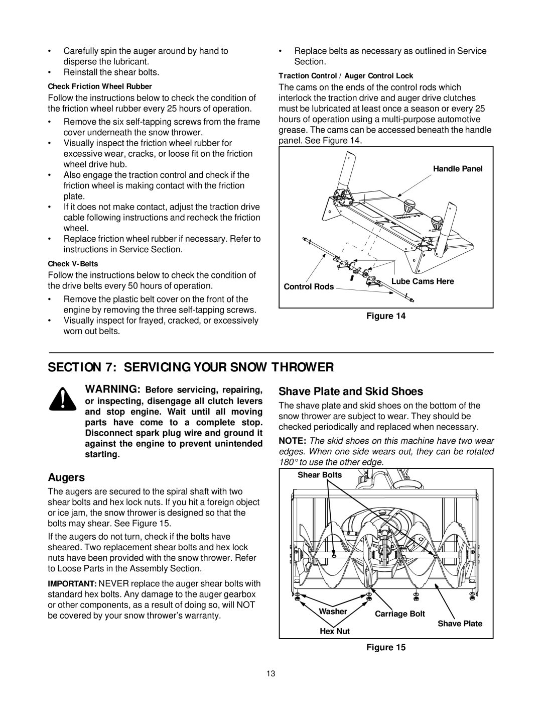 Yard-Man 31AE993J401 manual Servicing Your Snow Thrower, Augers, Shave Plate and Skid Shoes 