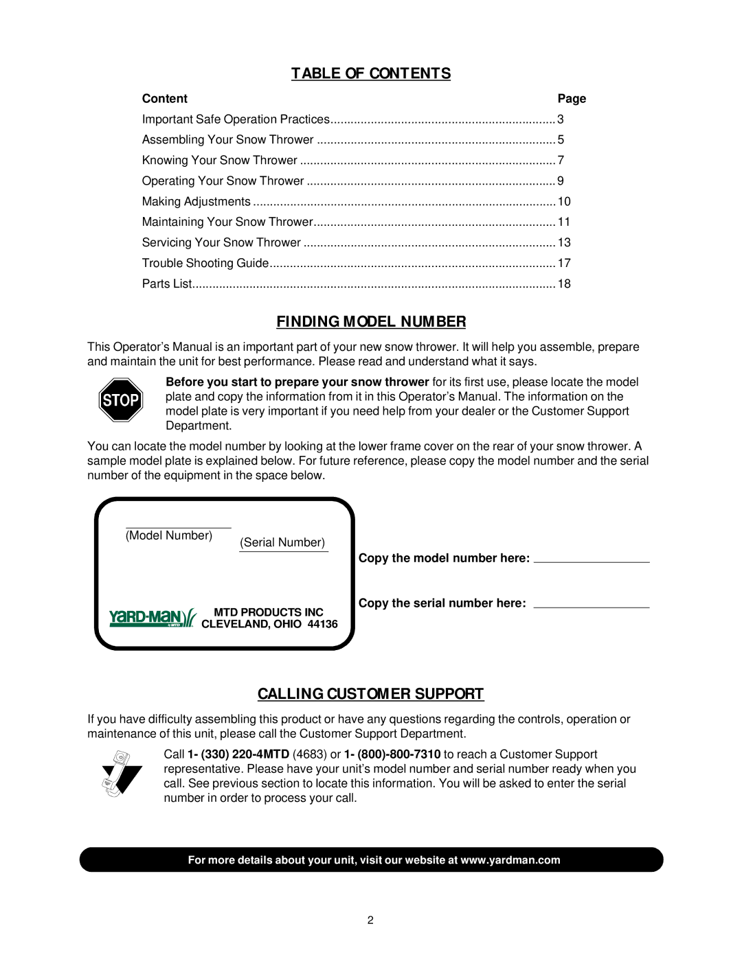 Yard-Man 31AE993J401 manual Table of Contents 