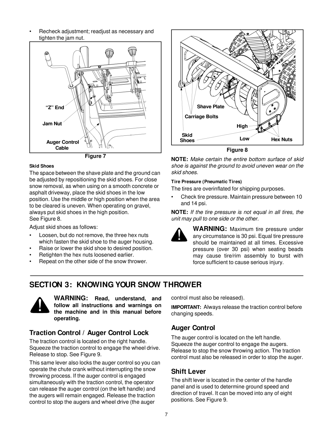 Yard-Man 31AE993J401 Knowing Your Snow Thrower, Auger Control, Shift Lever, Skid Shoes, Tire Pressure Pneumatic Tires 