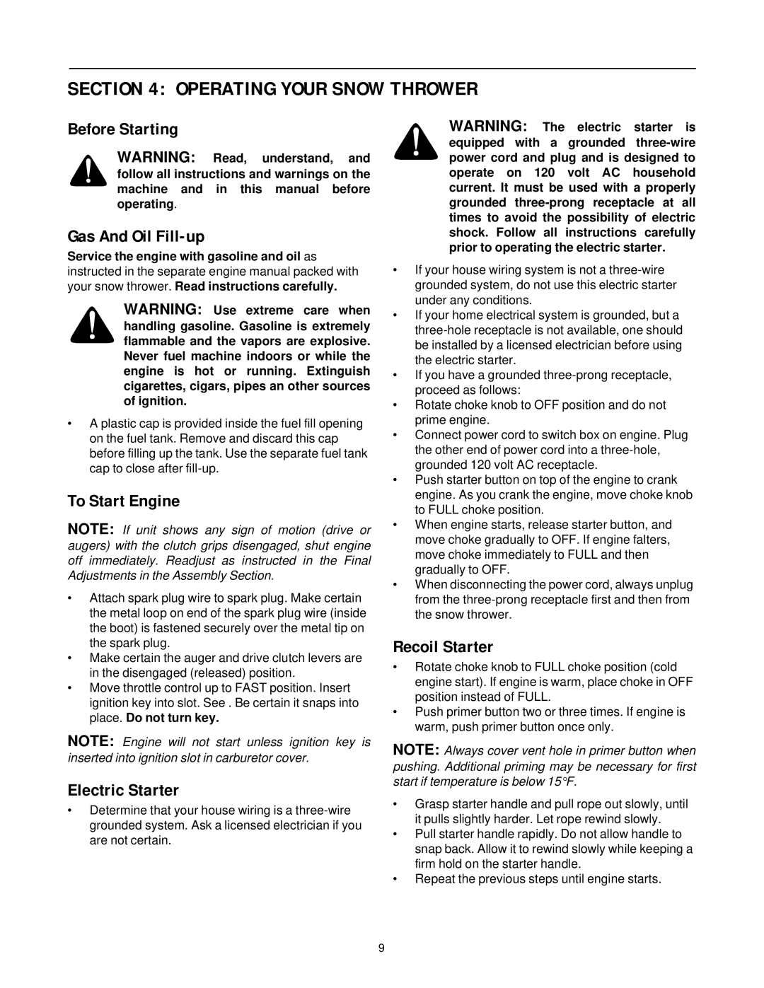 Yard-Man 31AE993J401 Operating Your Snow Thrower, Before Starting Gas And Oil Fill-up, To Start Engine, Electric Starter 