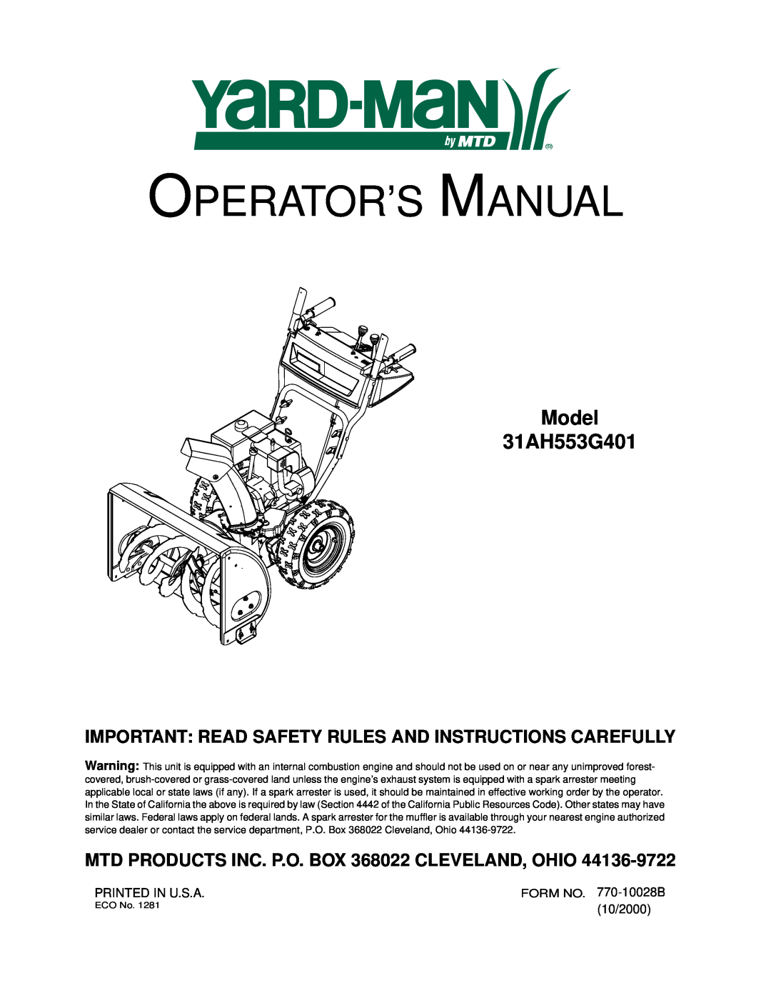 Yard-Man manual Operator’S Manual, Model 31AH553G401, Important Read Safety Rules And Instructions Carefully 
