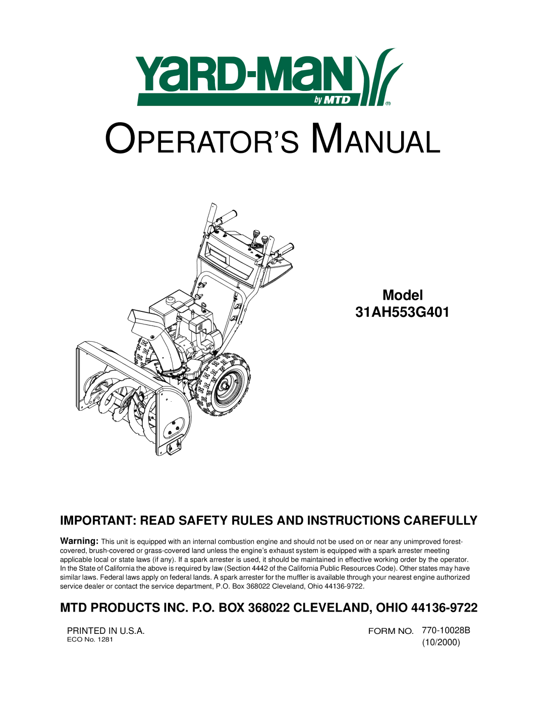 Yard-Man 31AH553G401 manual OPERATOR’S Manual 