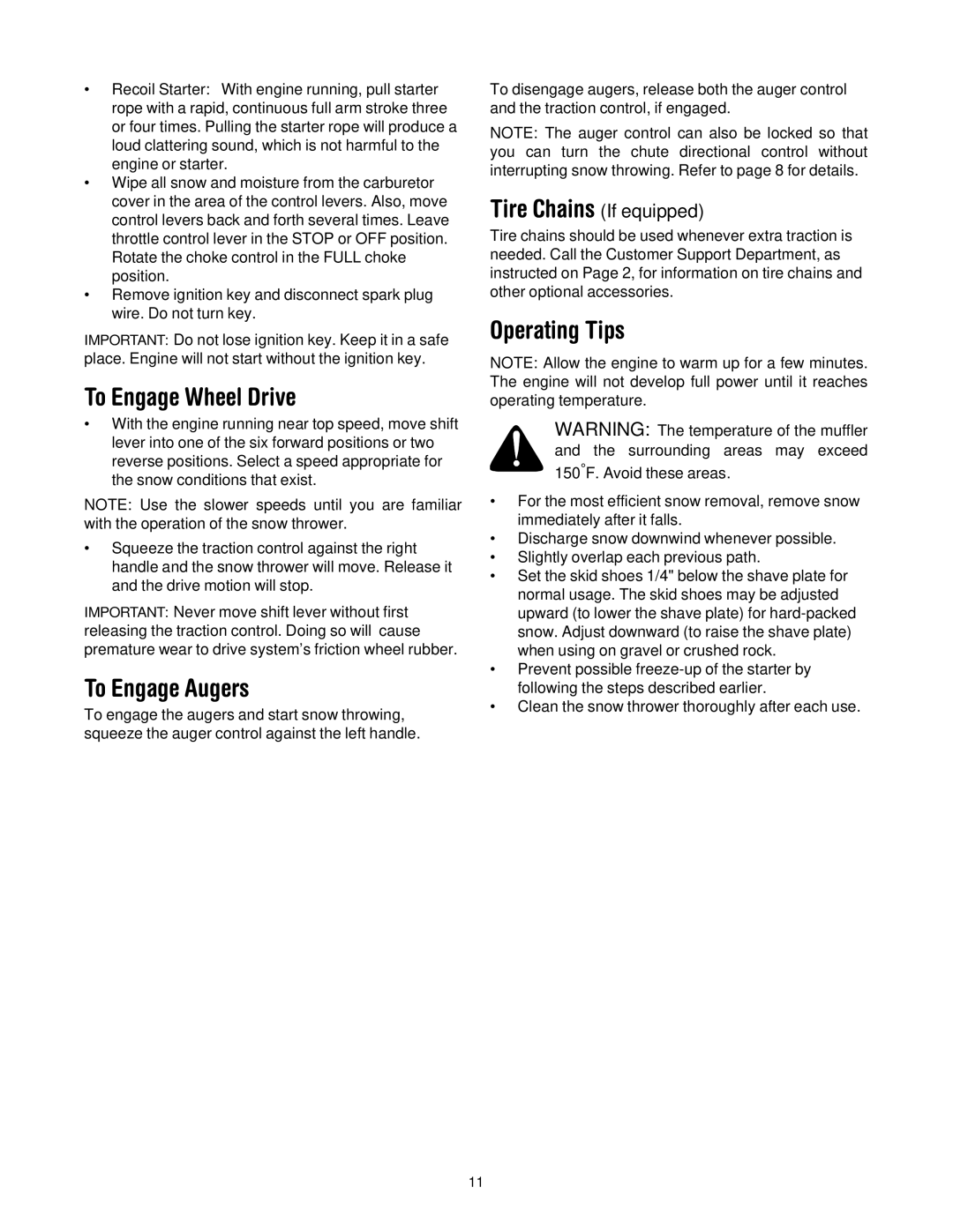 Yard-Man 31AH553G401 manual To Engage Wheel Drive, To Engage Augers, Operating Tips 