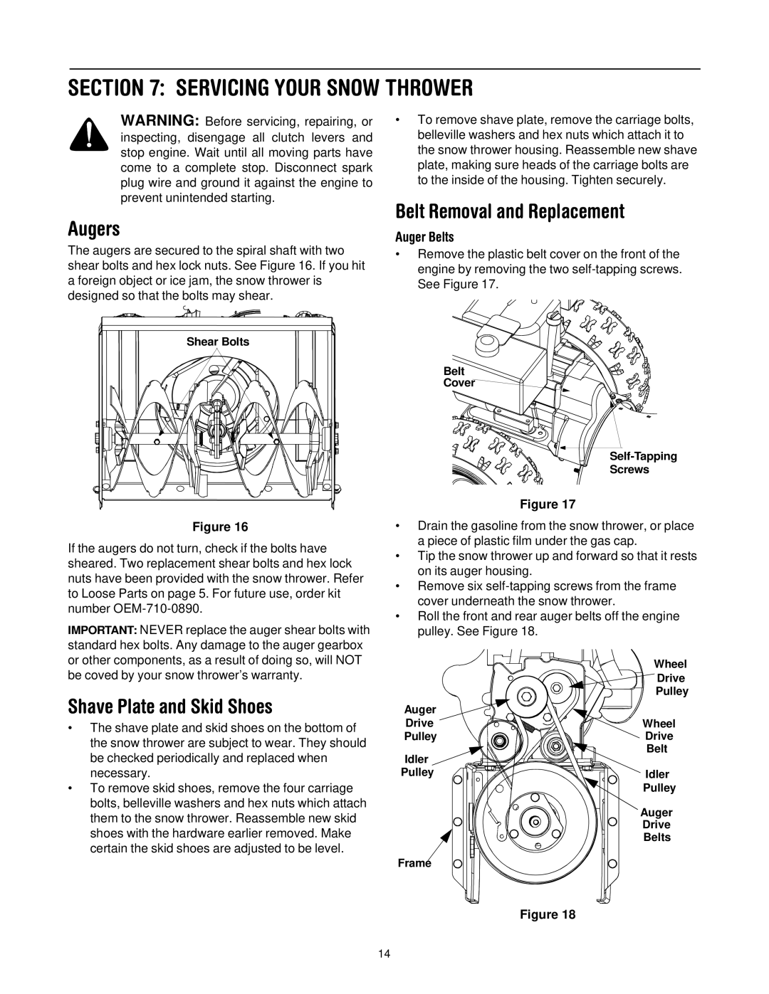 Yard-Man 31AH553G401 manual Servicing Your Snow Thrower, Augers, Shave Plate and Skid Shoes, Belt Removal and Replacement 