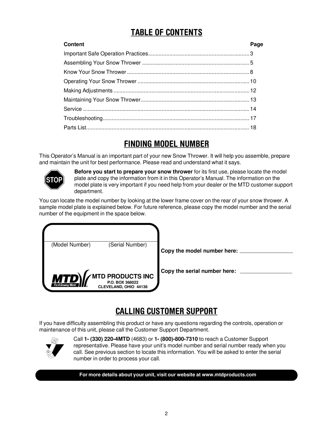 Yard-Man 31AH553G401 manual Table of Contents 