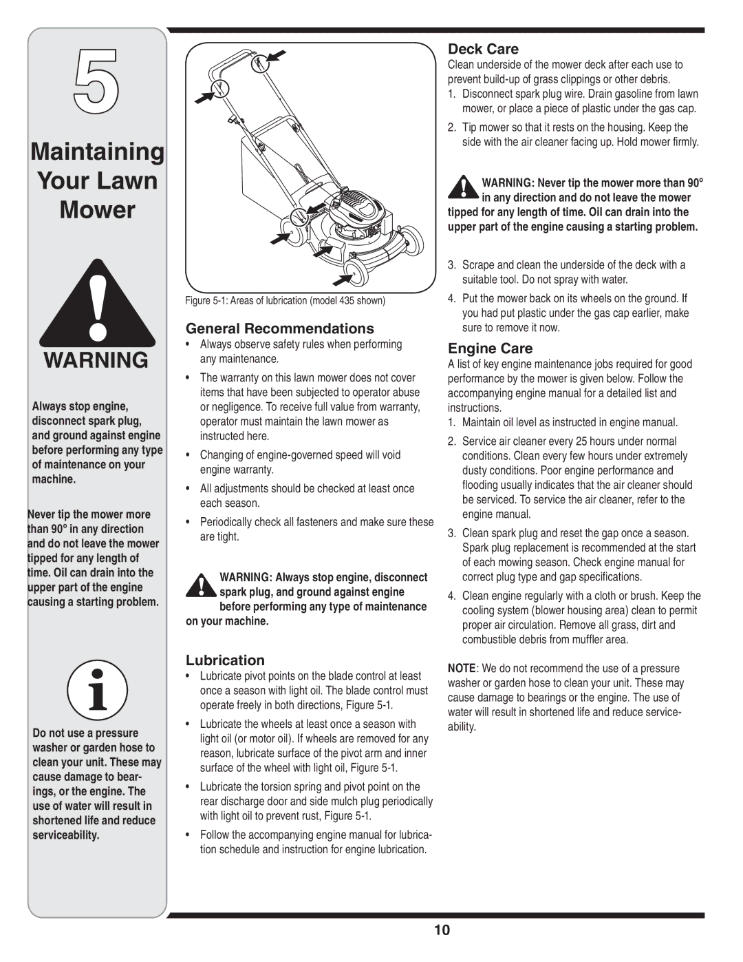 Yard-Man 430 warranty Maintaining Your Lawn Mower, General Recommendations, Lubrication, Deck Care, Engine Care 