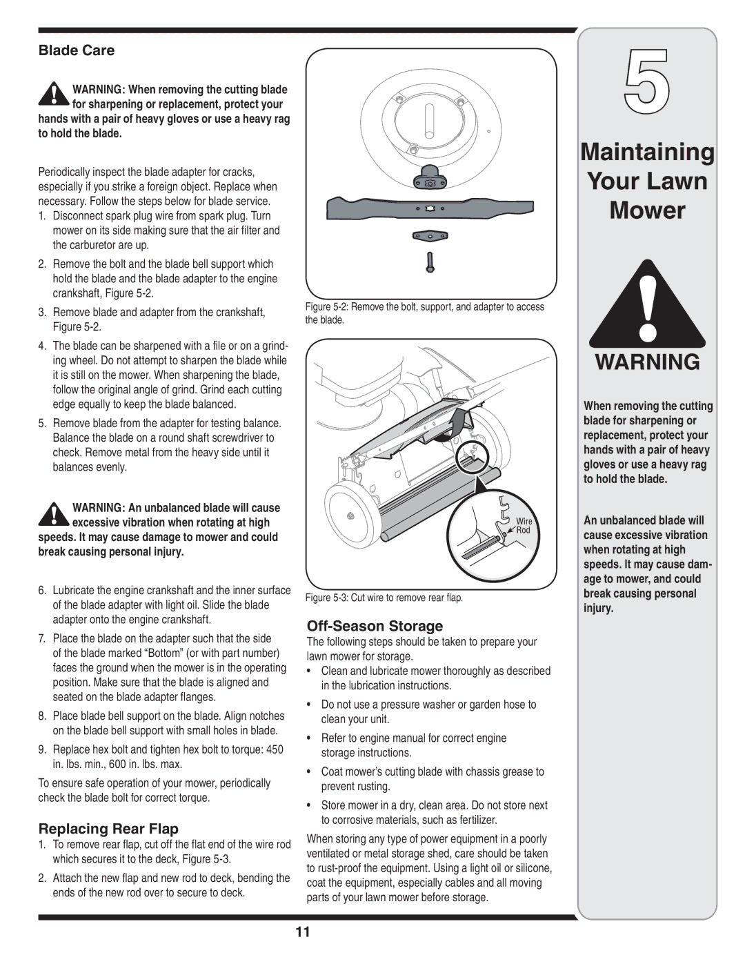 Yard-Man 430 warranty Blade Care, Replacing Rear Flap, Off-Season Storage 