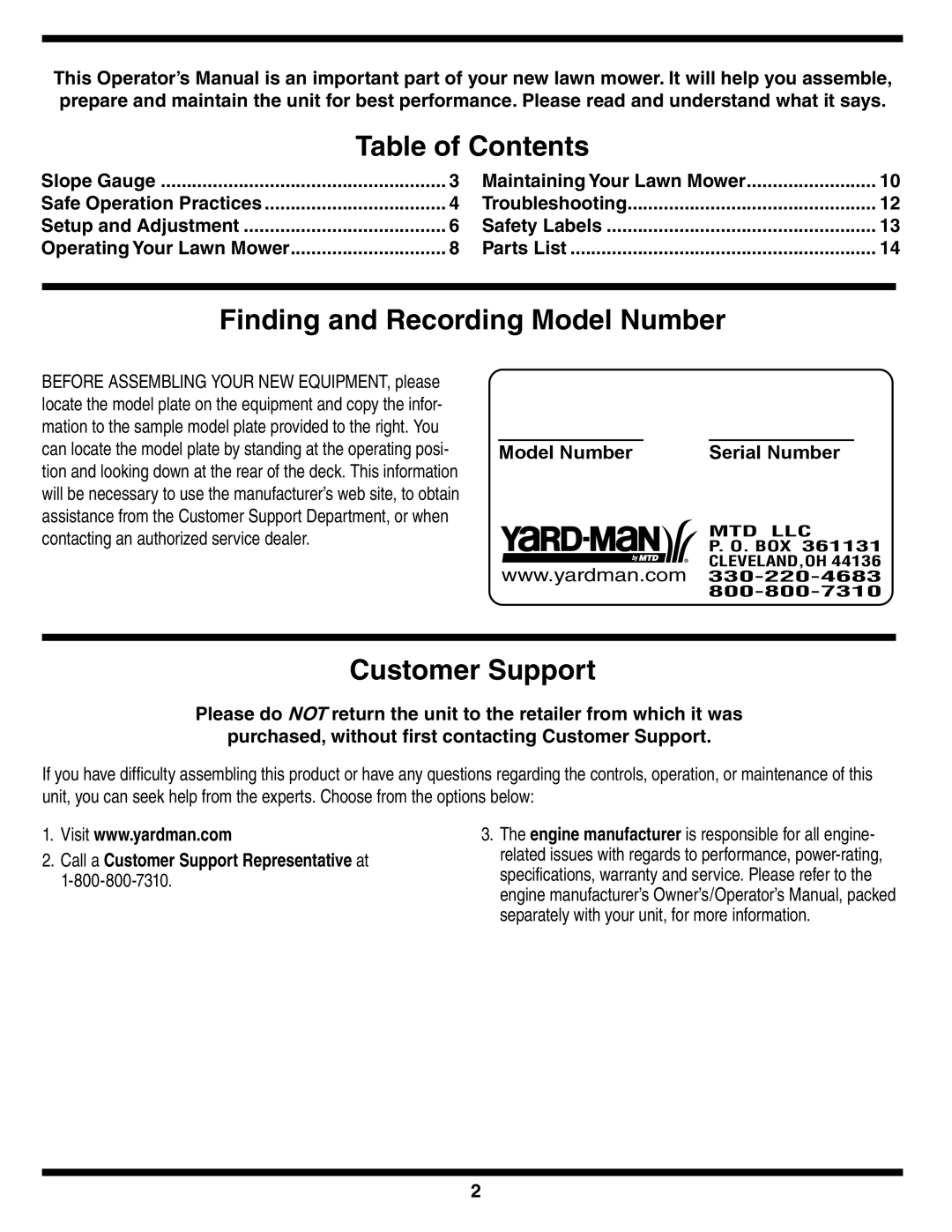 Yard-Man 430 warranty Table of Contents, Finding and Recording Model Number, Customer Support 