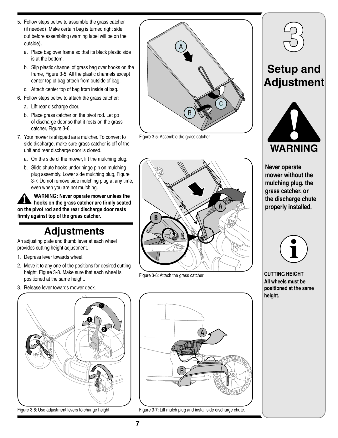 Yard-Man 430 warranty Setup Adjustment, Adjustments, Depress lever towards wheel, Release lever towards mower deck 