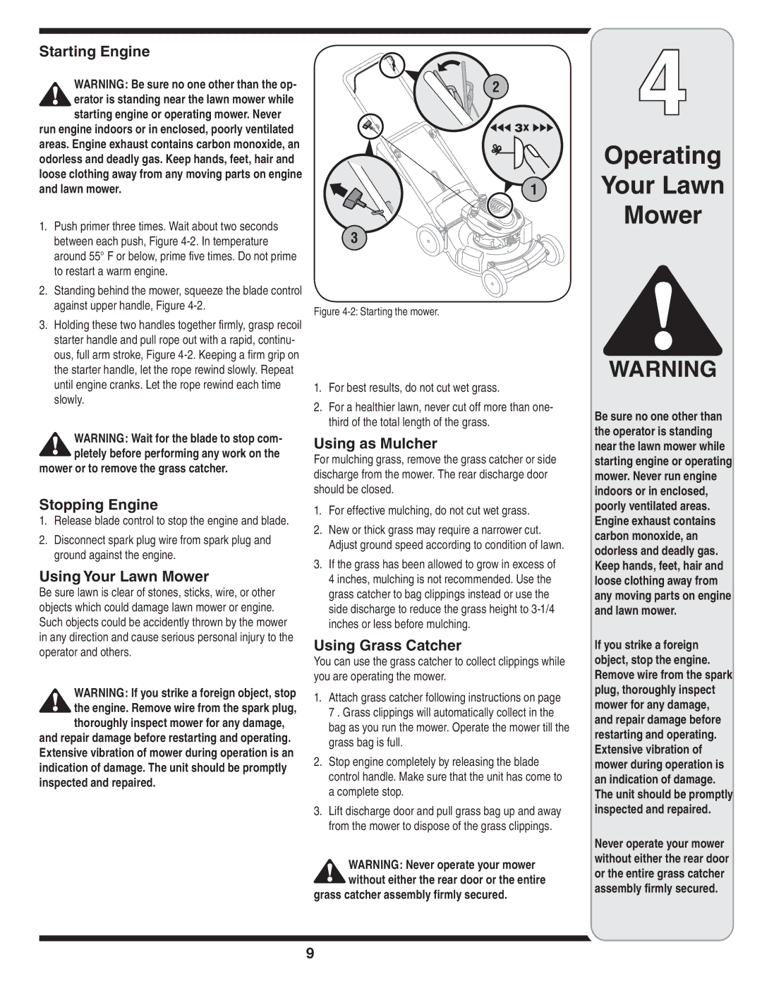 Yard-Man 430 warranty Starting Engine, Stopping Engine, Using Your Lawn Mower, Using as Mulcher, Using Grass Catcher 