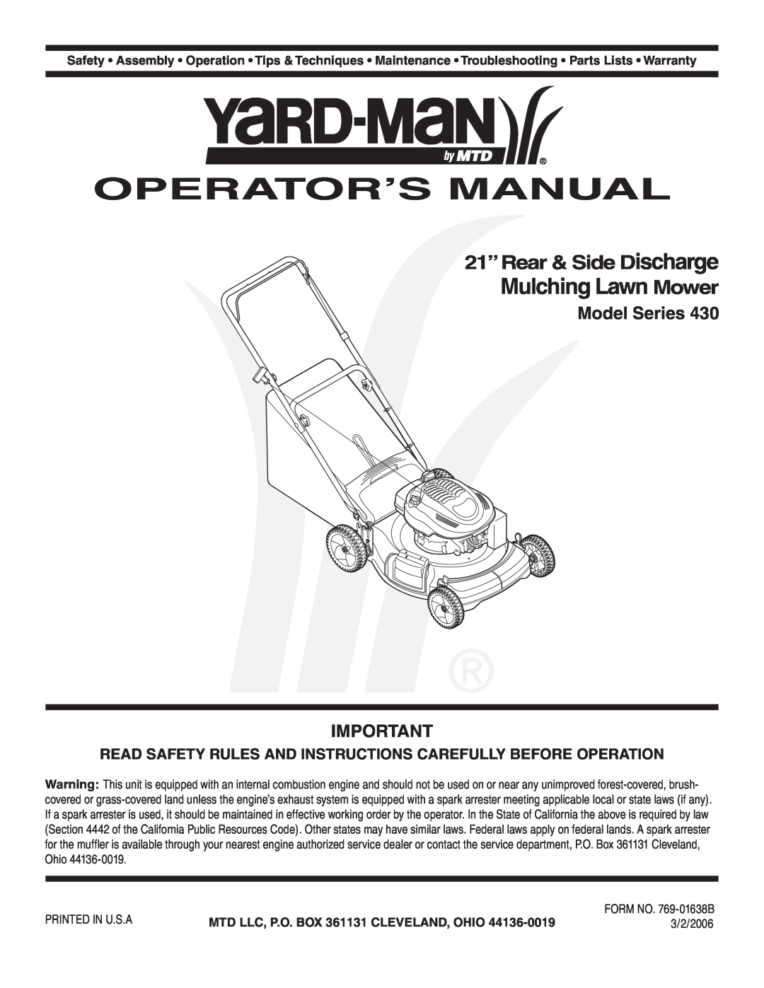 Yard-Man 430 warranty Operator’S Manual, Mulching Lawn Mower, Model Series, 21”Rear & Side Discharge 