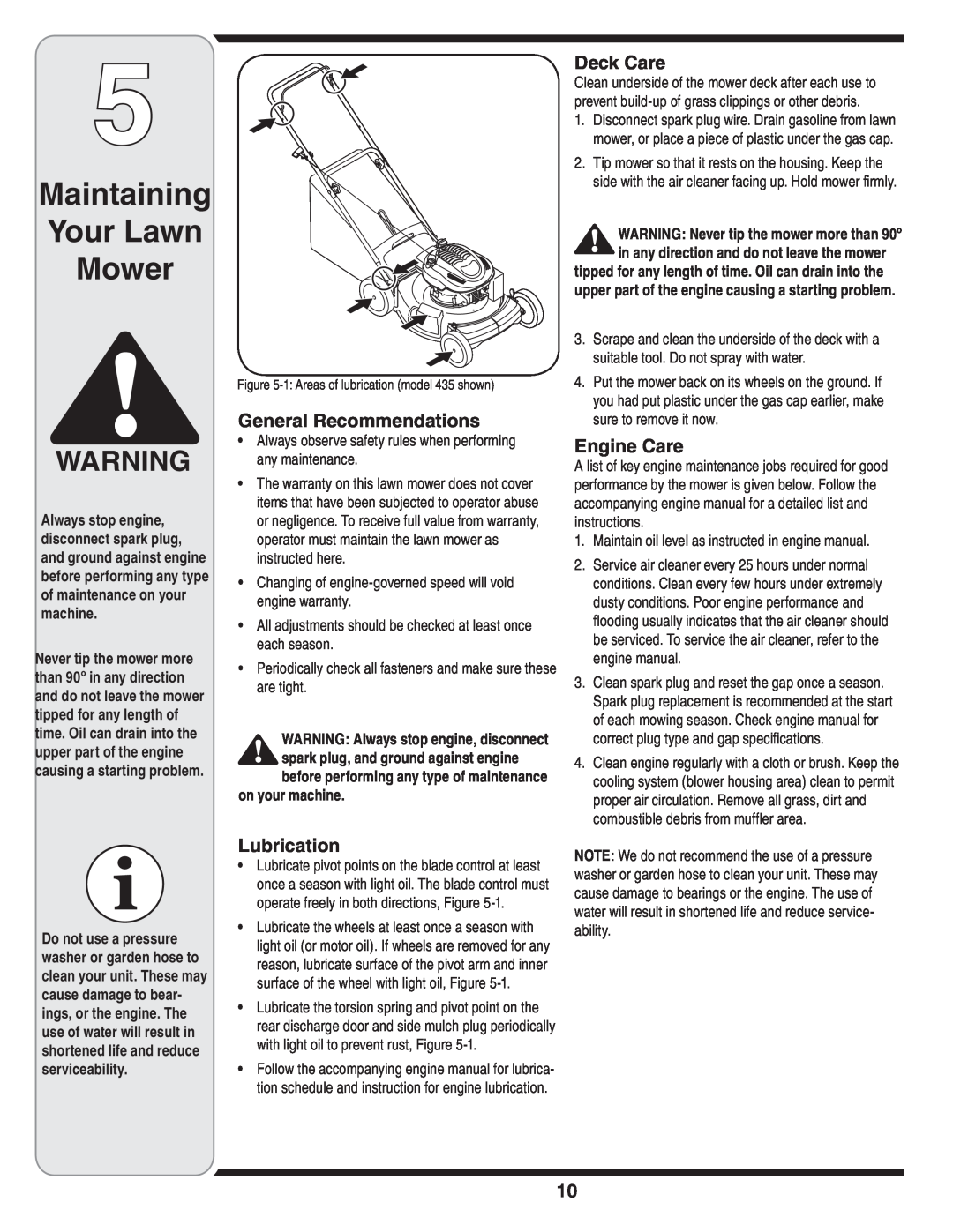Yard-Man 430 Maintaining Your Lawn Mower, General Recommendations, Lubrication, Deck Care, Engine Care, on your machine 