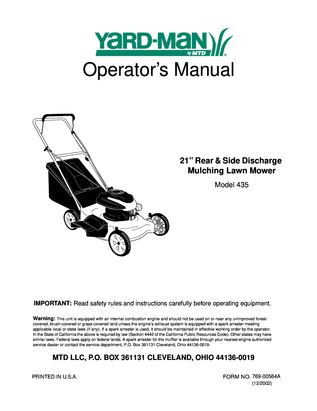 Yard-Man 435 manual Operator’s Manual, 21” Rear & Side Discharge Mulching Lawn Mower, Model 