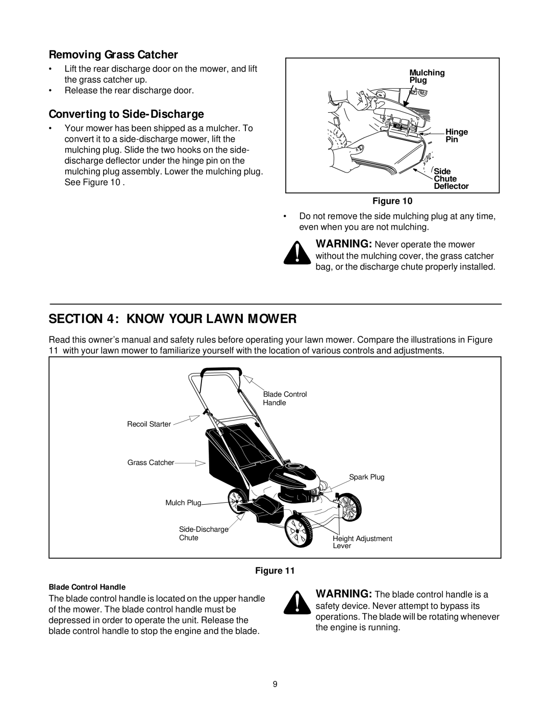 Yard-Man 437 manual Know Your Lawn Mower, Removing Grass Catcher, Converting to Side-Discharge, Blade Control Handle 