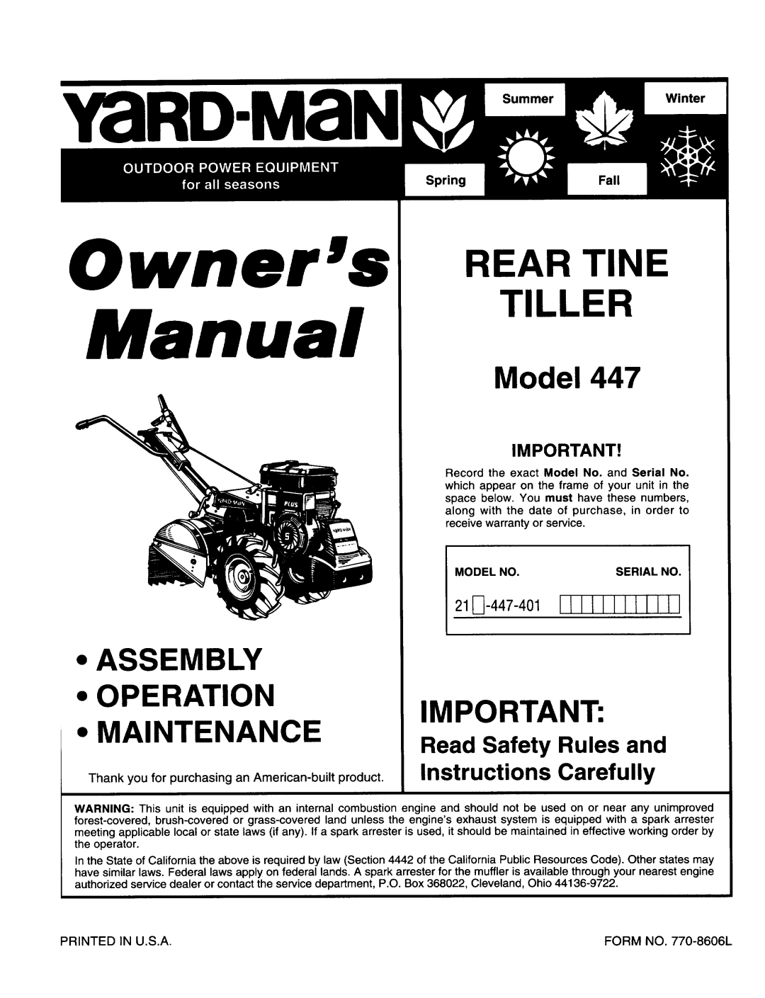 Yard-Man 447 manual 