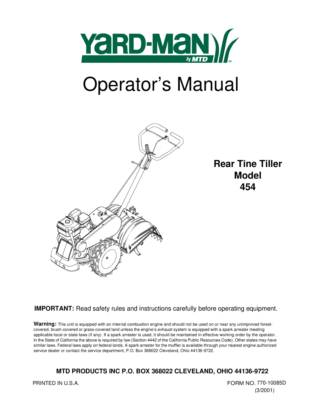 Yard-Man 454 manual Operator’s Manual 