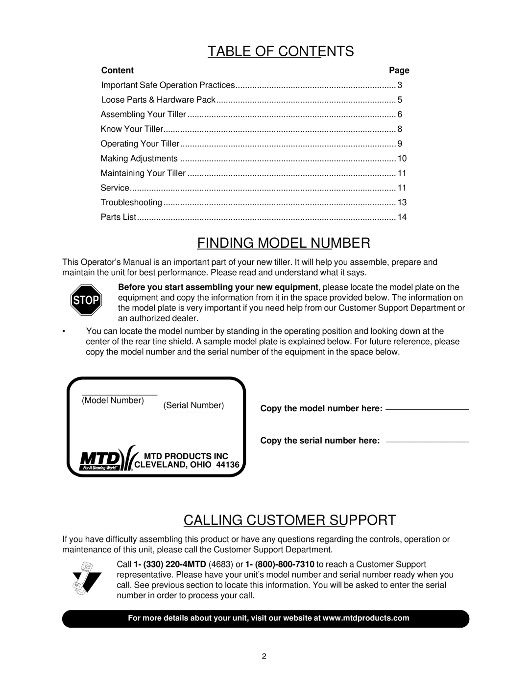 Yard-Man 454 manual Table of Contents 