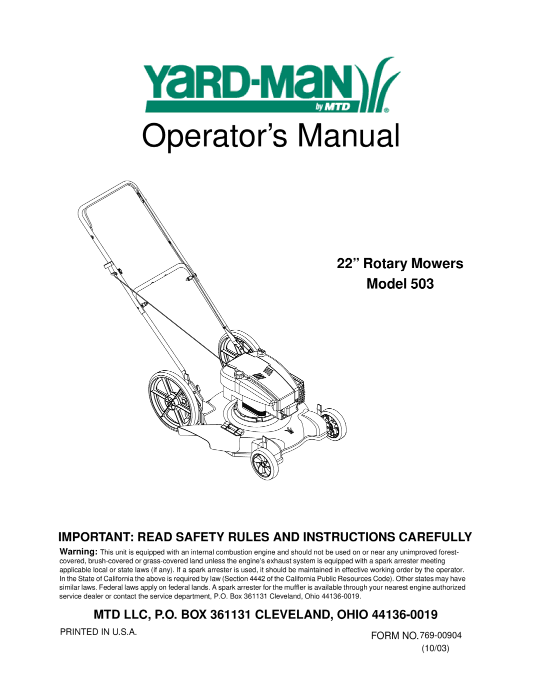 Yard-Man 503 manual Operator’s Manual 