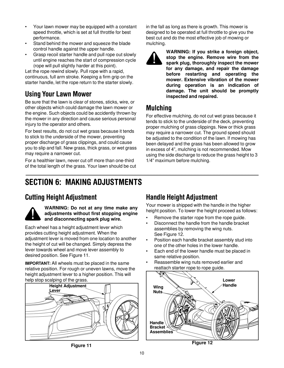 Yard-Man 503 Making Adjustments, Using Your Lawn Mower, Mulching, Cutting Height Adjustment, Handle Height Adjustment 