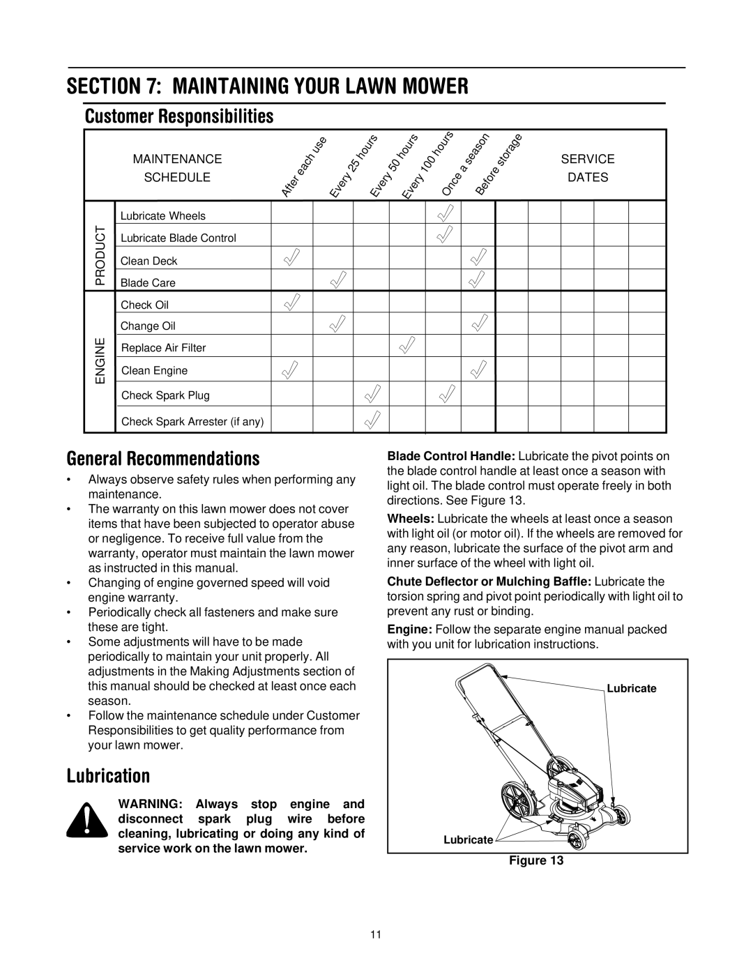 Yard-Man 503 manual Customer Responsibilities, General Recommendations, Lubrication 