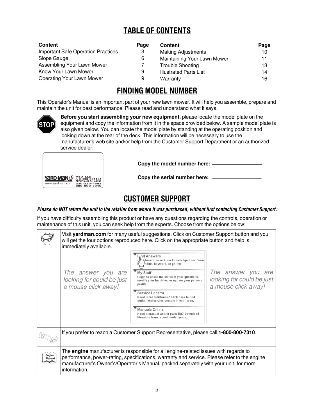 Yard-Man 503 manual Table of Contents 