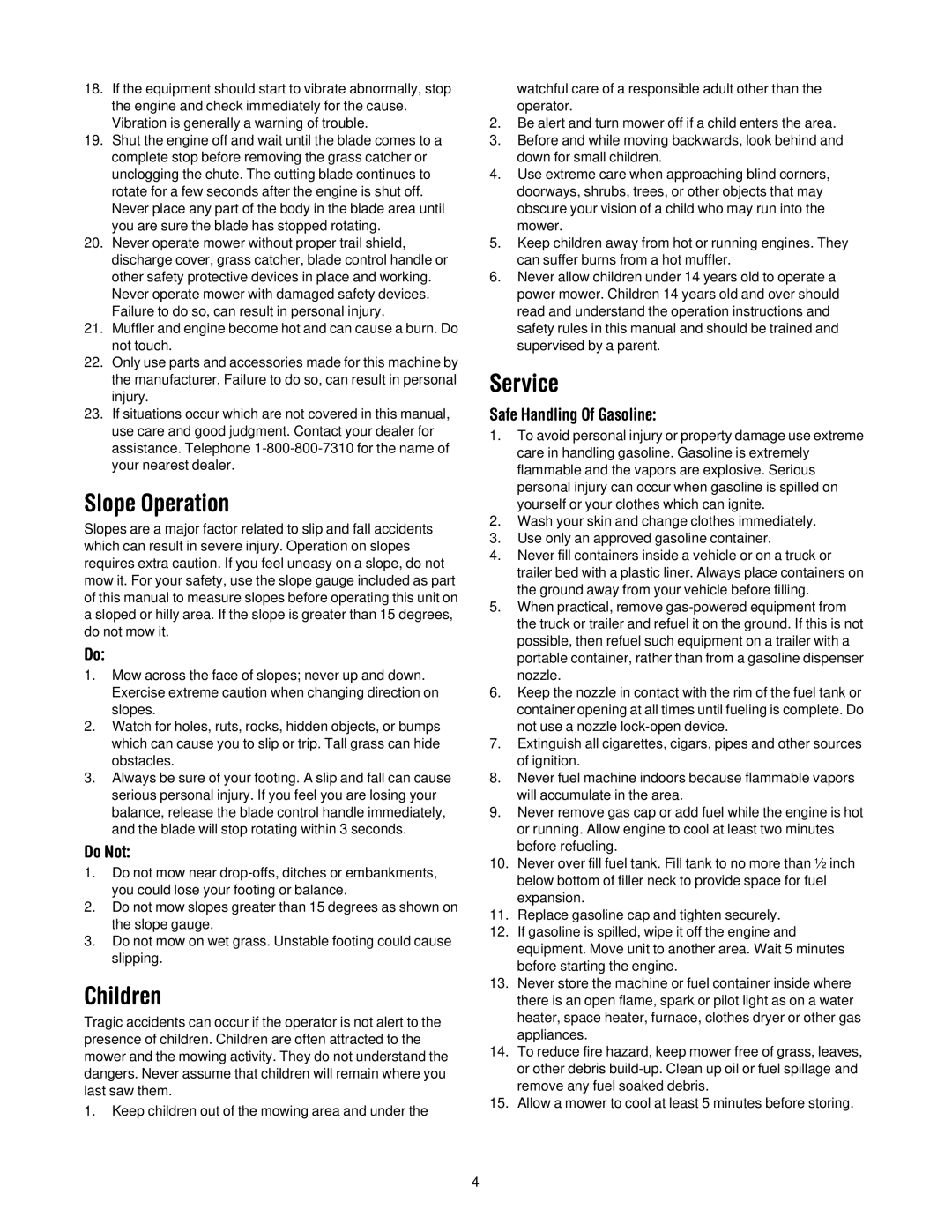 Yard-Man 503 manual Slope Operation, Children, Service, Do Not, Safe Handling Of Gasoline 