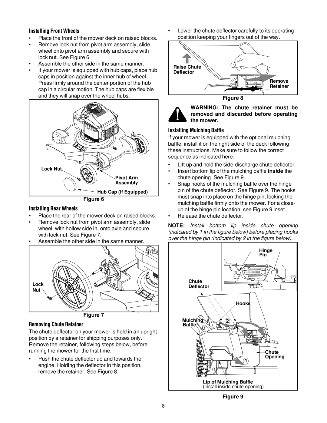 Yard-Man 503 manual Installing Front Wheels, Installing Rear Wheels, Removing Chute Retainer, Mower 