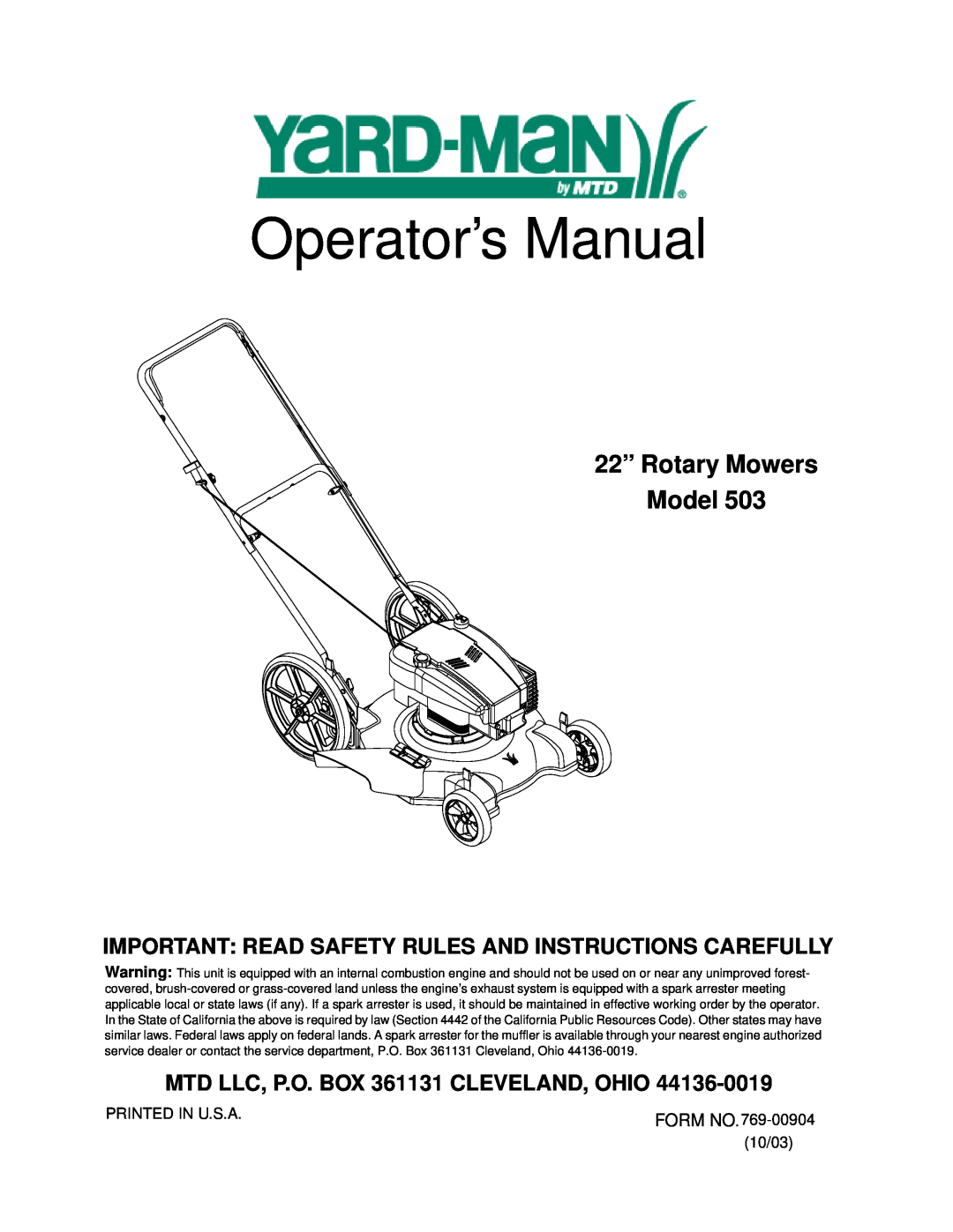 Yard-Man 503 manual Operator’s Manual, 22” Rotary Mowers Model, Important Read Safety Rules And Instructions Carefully 