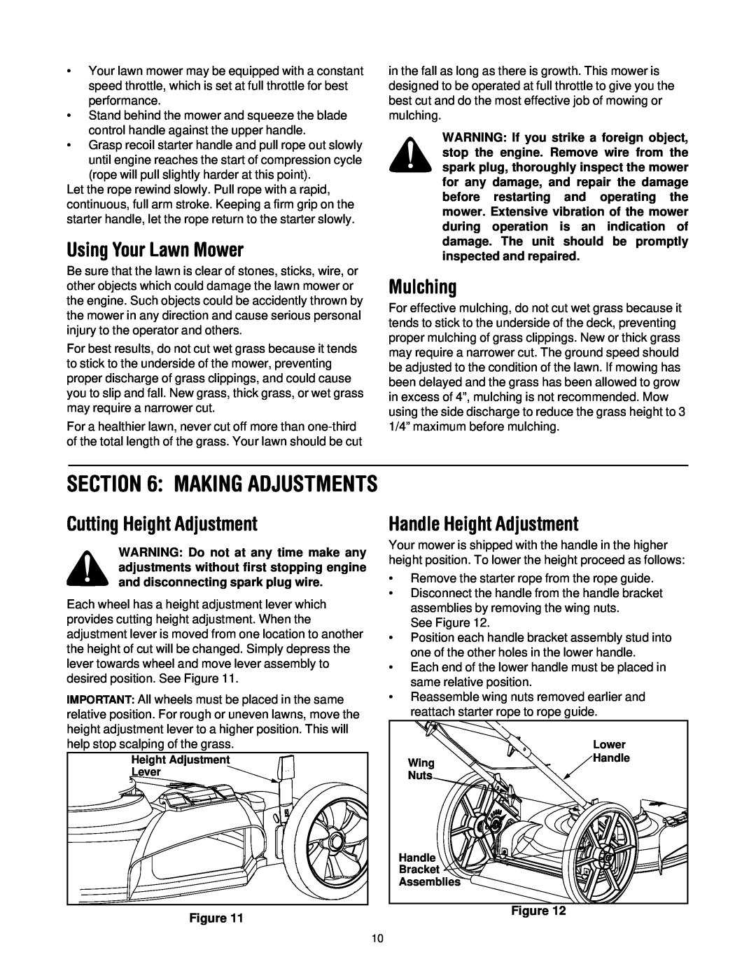 Yard-Man 503 Making Adjustments, Using Your Lawn Mower, Mulching, Cutting Height Adjustment, Handle Height Adjustment 