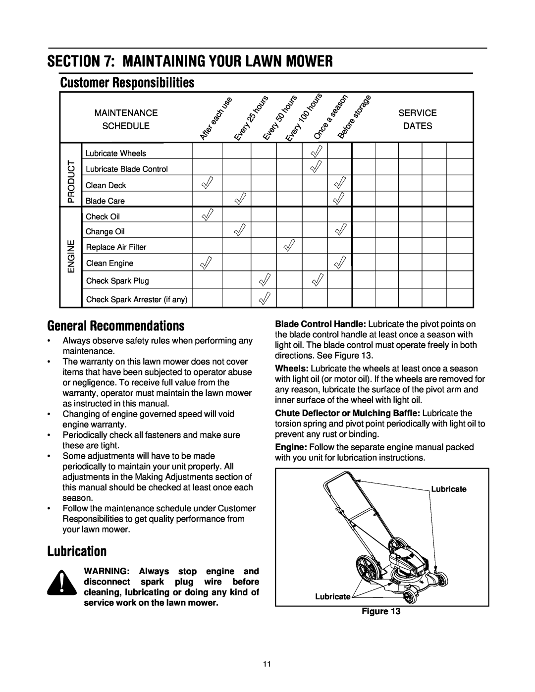 Yard-Man 503 manual Customer Responsibilities, General Recommendations, Lubrication, Maintaining Your Lawn Mower 
